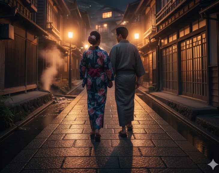 風情ある温泉街で夜散歩を楽しむ