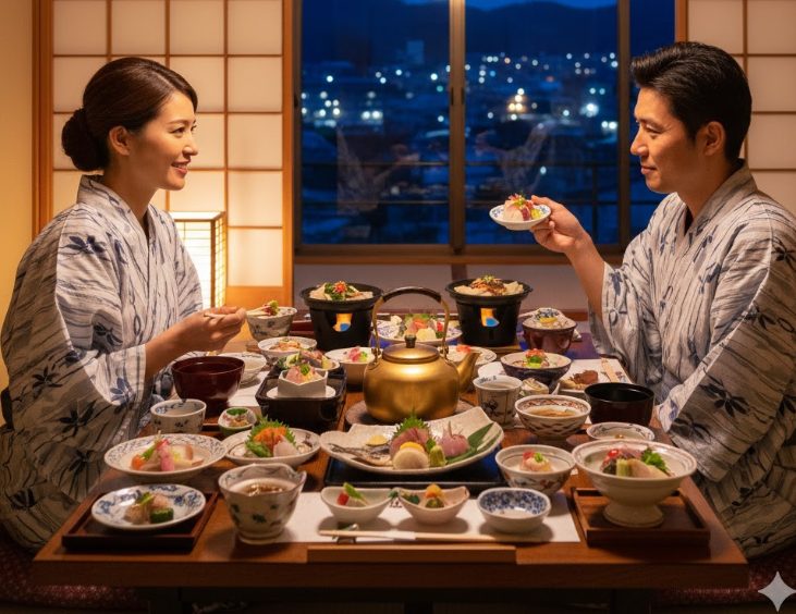 旅館での豪華な夕食も魅力的