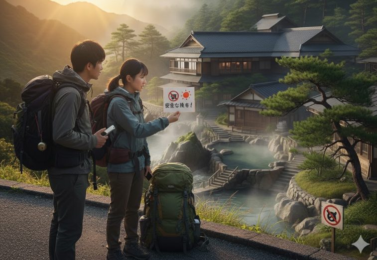 三国温泉で熊に注意し安全な旅を