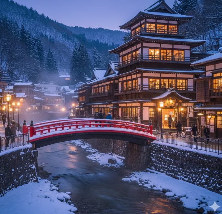 油屋にそっくりな能登屋旅館と赤い橋の建築的な見どころ