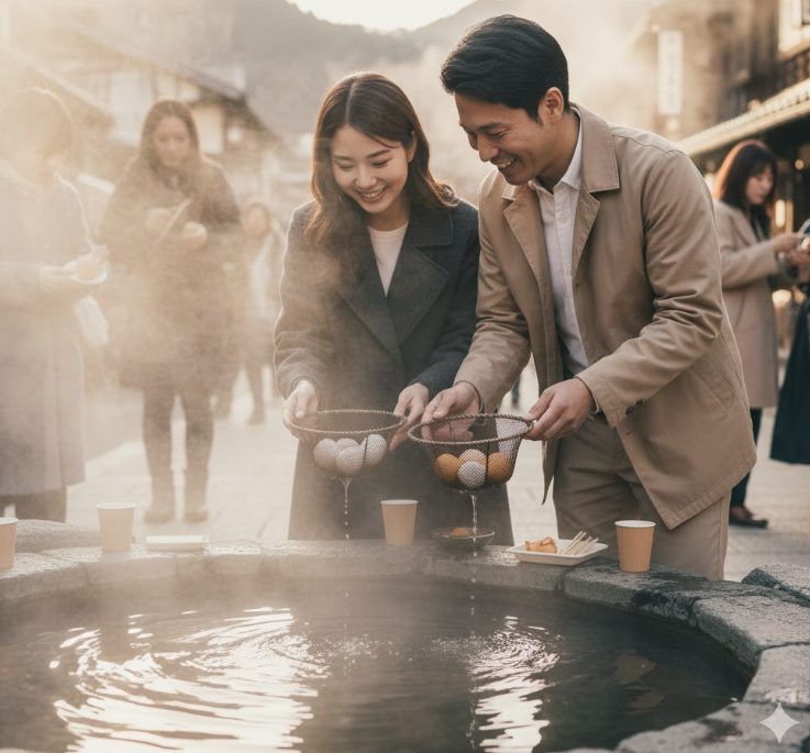 荒湯で体験する温泉卵作りと食べ歩き