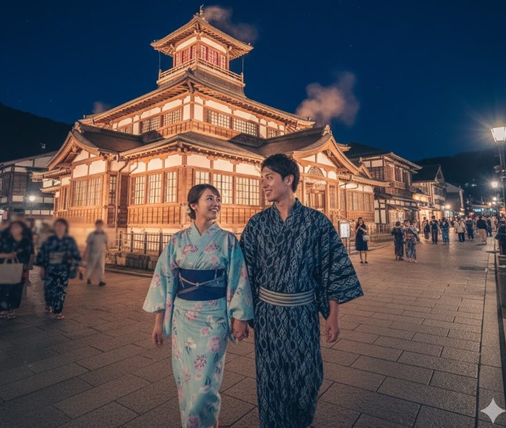 道後温泉本館のライトアップと、手前に並んで歩く浴衣姿の日本人観光客のカップル。