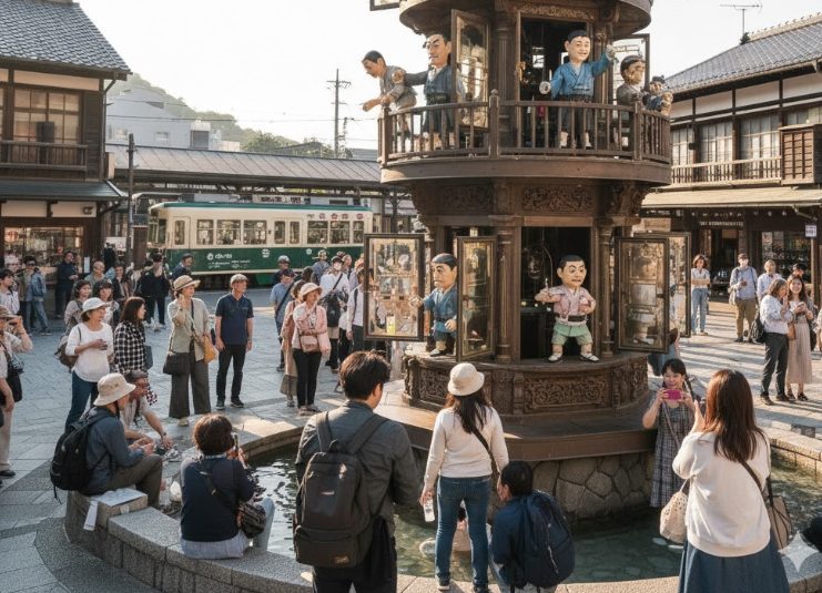 道後温泉駅前の坊っちゃんカラクリ時計が動いている様子。