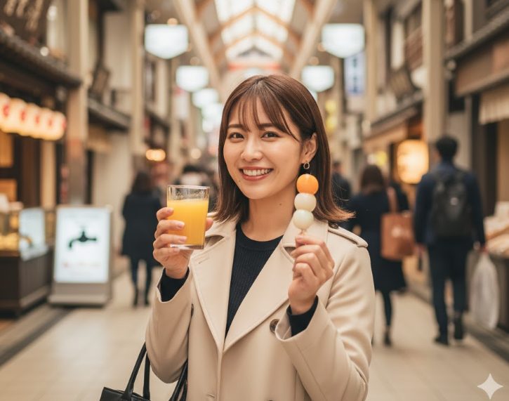 道後ハイカラ通りのアーケードで、みかんジュースを片手に食べ歩きを楽しむ日本人女性。