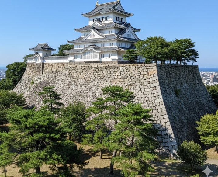 青空の下、松山城の天守閣とその石垣。