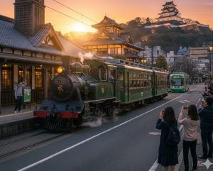 夕焼けに染まる道後温泉駅に停車する坊っちゃん列車と、遠景に見える松山城。多くの観光客がその光景をカメラに収めている。
