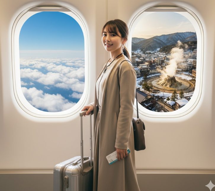 羽田空港と草津温泉、そして旅の期待感を表現した画像です。日本の空港の出発ロビーに立つ、旅の準備ができた日本人女性。その背後には飛行機の窓から見える雲と、温泉地の風景がコラージュされているイメージです。