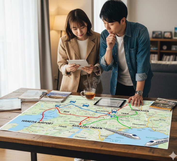 様々な交通手段が描かれた地図を前に、旅行プランを検討している日本人カップルのイメージ。選択肢の多さや最適なルートを探している様子が伝わるようにします。 `