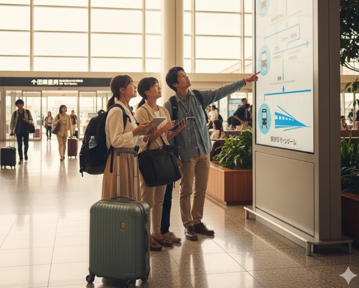 空港の到着ロビーで、荷物を持った日本人旅行者たちが、多様な交通機関の案内表示を見上げているイメージです。
