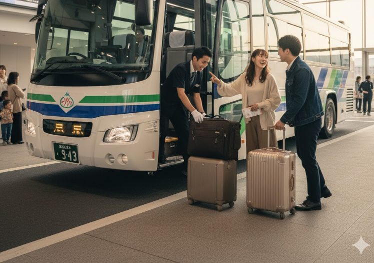 羽田エアポートガーデンのバスターミナルで、スーツケースをバスの荷室に預け、これから乗車しようとしている日本人旅行者のイメージ。