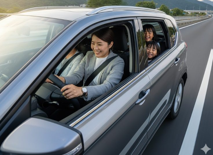 高速道路を快適にドライブしている日本人家族のイメージ。車窓からは開放的な風景が広がり、目的地へスムーズに向かっている様子を表します。手元のマップは削除します。
