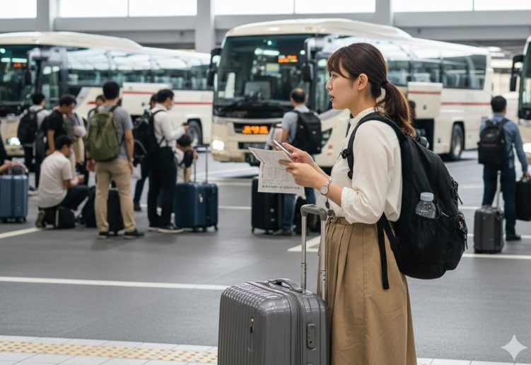 東京駅または新宿駅のバスターミナルで、大きな荷物を持った日本人旅行者が、時刻表や案内板を見ながら次のバスへの乗り換えを検討している様子。