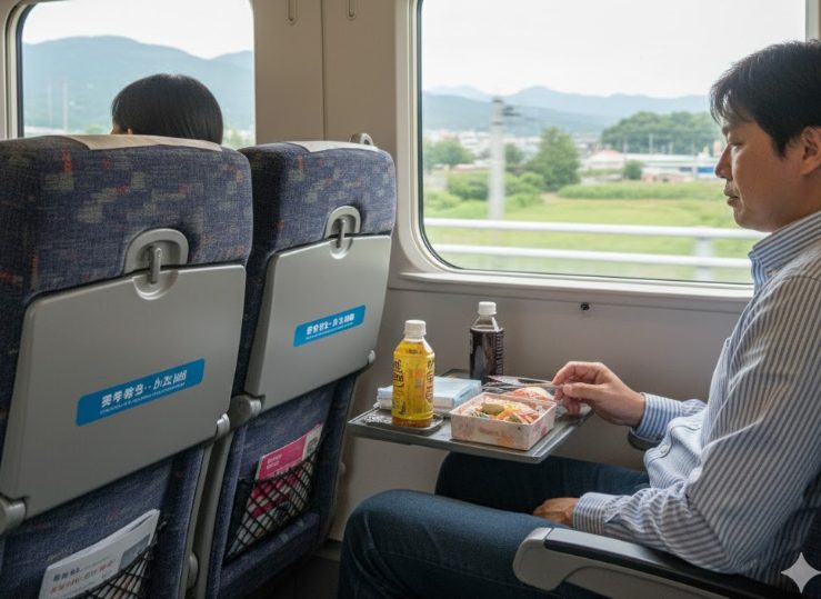 特急列車「草津・四万」の車内で、窓の外の景色を楽しみながらリラックスしている日本人旅行者のイメージ。座席には駅弁や飲み物が置かれています。