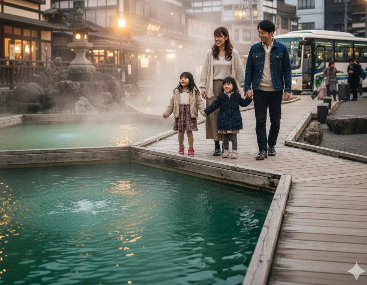 草津温泉の湯畑を背景に、楽しそうに歩く日本人旅行者たちのイメージ。これまでの旅の疲れを癒し、温泉を楽しんでいる様子を表します。