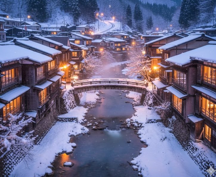 雪が降っている黒川温泉の風景で、冬のアクセスのイメージが湧くような画像