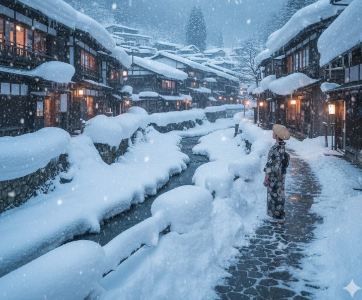 12月から2月の雪深い黒川温泉の様子。積雪の深さが伝わるような画像