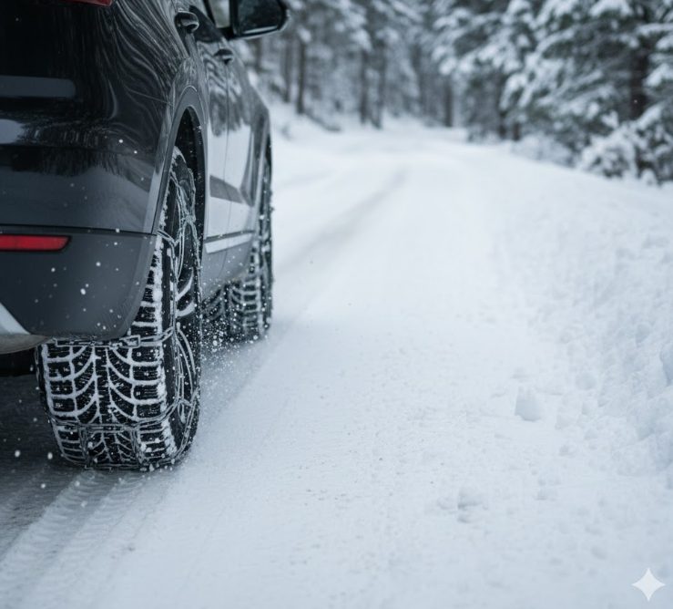 雪道での車の運転中に、スタッドレスタイヤとチェーンが装着されていることがわかるような画像