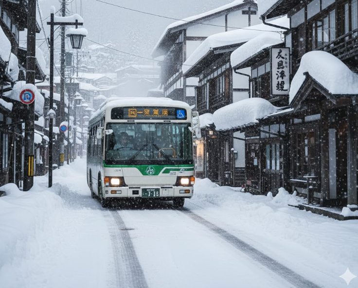 雪景色の中を走るバスの画像