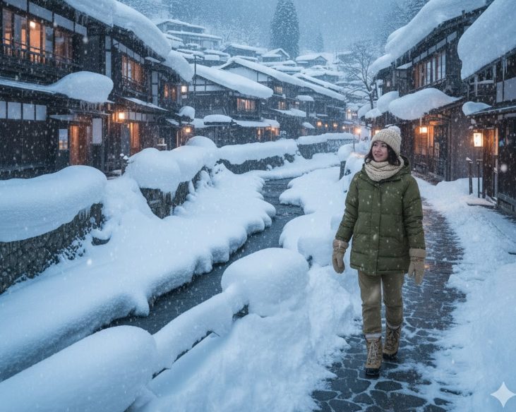 雪の中で、防寒対策をしっかりとした日本人が映っている画像