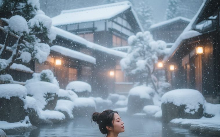 雪景色の中で露天風呂を楽しむ日本人女性の画像
