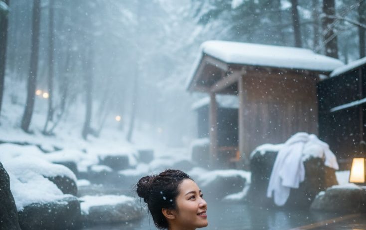 日帰りで雪見露天風呂を楽しむ日本の温泉客（日本人）の画像