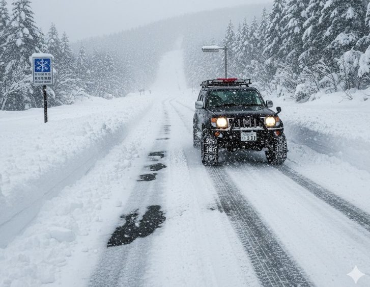 雪道にスタッドレスタイヤとチェーンを装着した乗用車が走行している様子。路面は雪と氷で覆われている。
