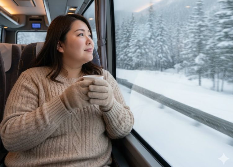 冬の雪道を走る高速バスの車窓から、雪景色を眺めるアジア人女性。窓の外には雪に覆われた山々が見える。