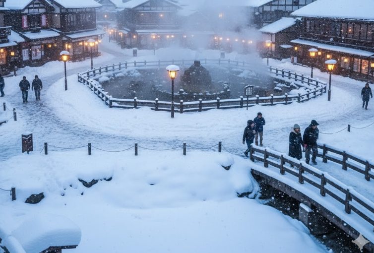 雪が降りしきる草津温泉の湯畑。多くの日本人観光客が雪景色を楽しんでいる様子。