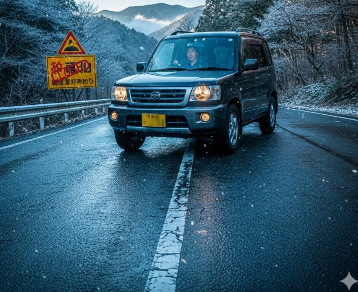 11月中旬の草津温泉へ続く山道。まだ雪は少ないが、路面が濡れて凍結している可能性がある。日本人ドライバーが慎重に運転している。