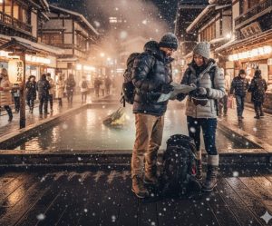 雪が降る夜の草津温泉湯畑と、冬装備を確認する日本人カップル。温泉街の賑わいと冬の旅行準備が表現されている。