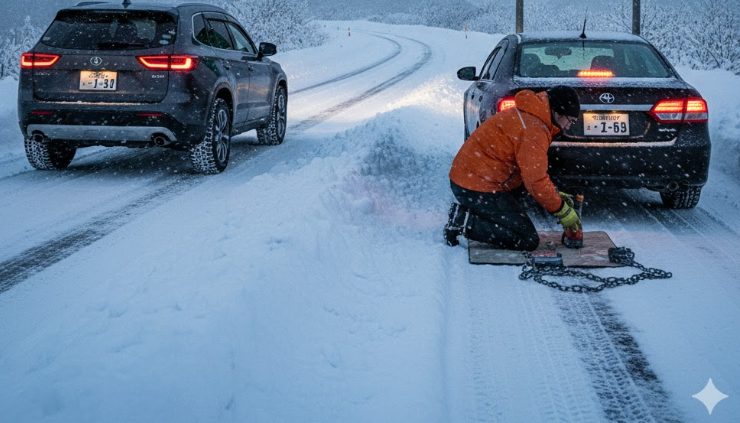 雪道の国道を登る車と、チェーンを装着する日本人ドライバー。スタッドレスタイヤやチェーンの冬装備の重要性を示す。