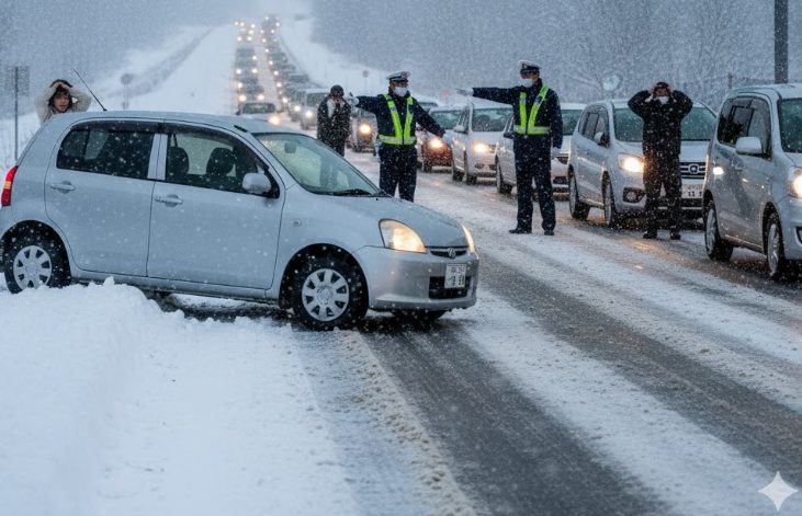 雪道でスリップして立ち往生するノーマルタイヤの車。後方には渋滞と警察官が写り、危険な状況を強調。