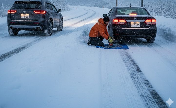 雪深い坂道で車のタイヤにチェーンを装着する日本人ドライバー。積雪路面でのチェーンの必要性を視覚的に示す。