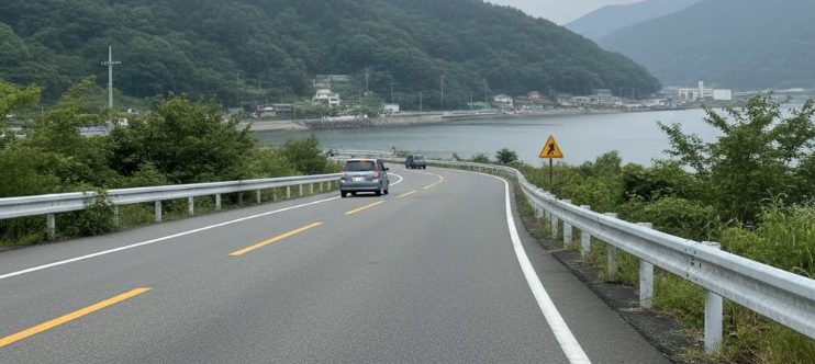 晴れた日の国道292号線、緑豊かな山間部を走る車。