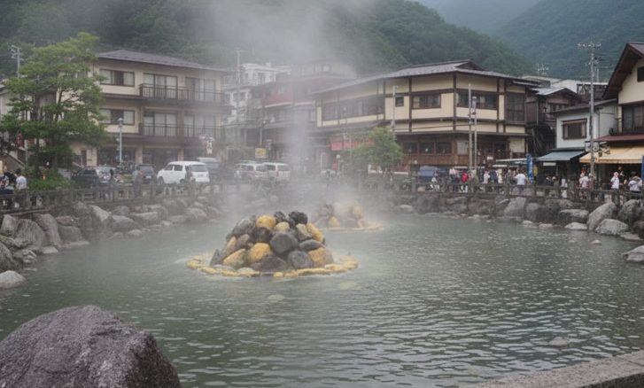 観光客で賑わう夏の草津温泉湯畑周辺の狭い通りと、その先の渋滞した駐車場。夏の混雑状況を表現。
