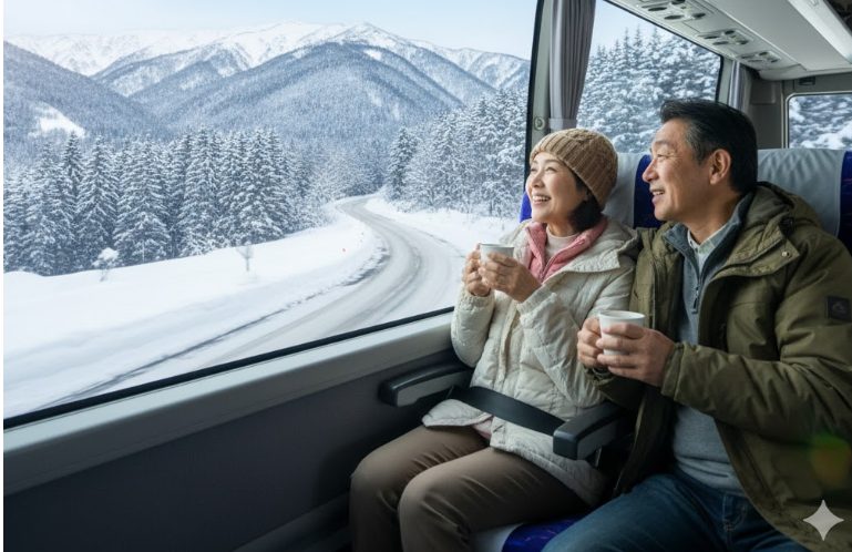 雪景色の中を走る高速バスの車窓から、リラックスして景色を眺める日本人夫婦。公共交通機関での快適な移動を表現。