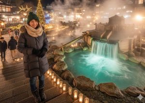 草津温泉「湯畑」の幻想的な夜間ライトアップと湯けむり