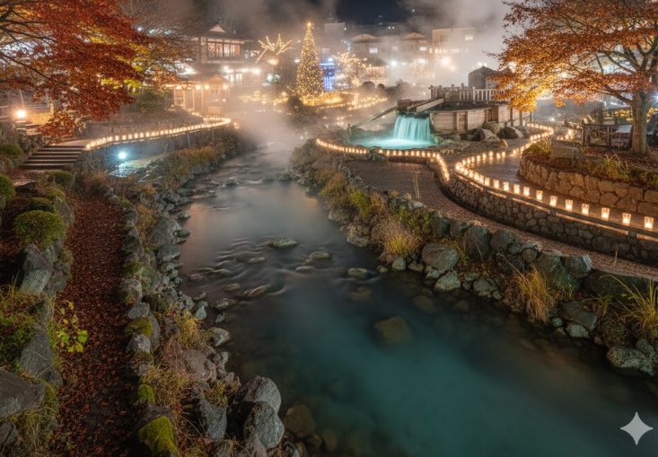 草津温泉「西の河原公園」のライトアップと湯けむりが織りなす幽玄な風景