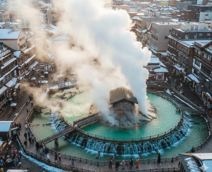 草津温泉の湯畑を俯瞰で捉えた美しい景観の画像。湯けむりがダイナミックに立ち上り、温泉街全体が暖かく包み込まれている様子を表現する。明るい日差しが湯面を照らし、温泉の豊かな色彩と活気ある雰囲気を強調する。