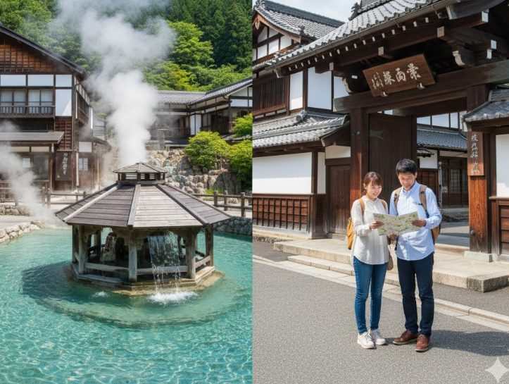 「草津温泉 滋賀 間違い」の比較。左に群馬の湯畑、右に滋賀の草津宿本陣。