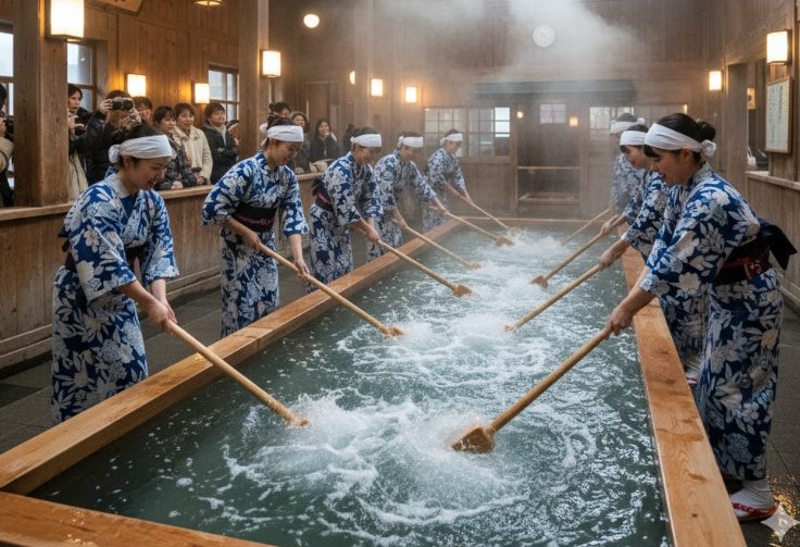 群馬県の草津温泉が誇る伝統文化「湯もみ」。浴衣姿の女性たちが長い板で温泉をかき混ぜている様子。