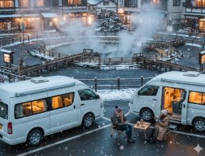雪が降る冬の草津温泉湯畑と、その近くの駐車場に停められた2台の車中泊用バン。車内からは明かりが漏れ、外では若いカップルが防寒着を着て座っている。