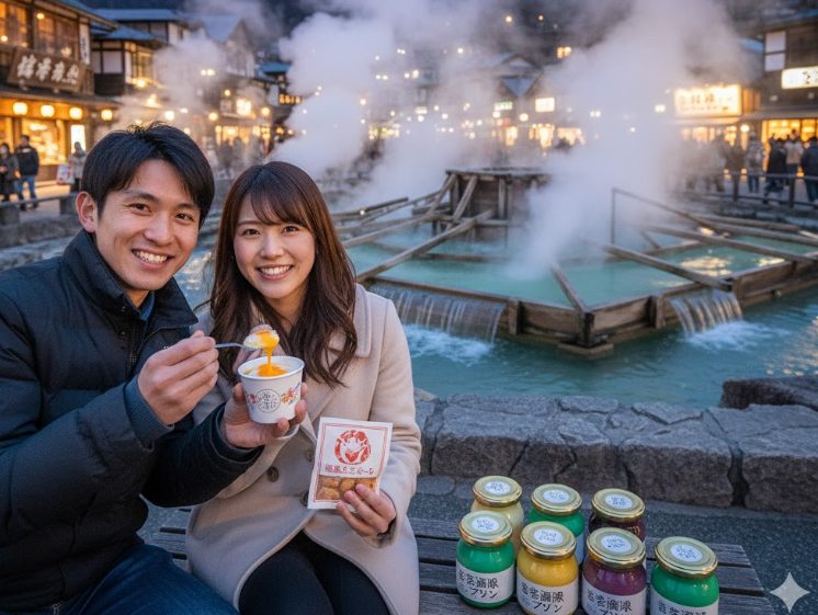 夜の湯畑を背景に、温泉卵や草津温泉プリンを楽しむ若いカップル。