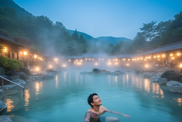 西の河原露天風呂でリラックスして入浴するタトゥーのある日本人男性
