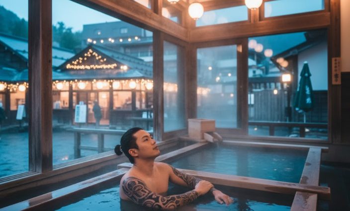 御座之湯の内湯で湯畑を眺めながらくつろぐタトゥーのある日本人男性