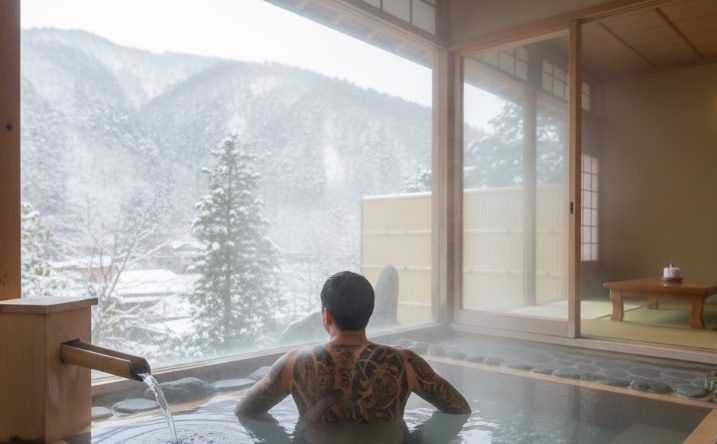 旅館の個室露天風呂で草津の温泉を楽しむタトゥーのある日本人男性の後ろ姿