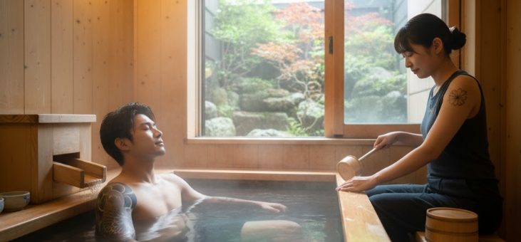 旅館の貸切風呂でプライベートな時間を過ごすタトゥーのある日本人カップル