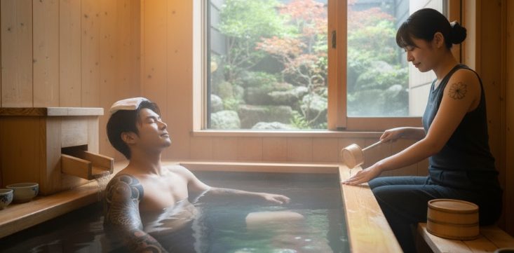 温泉でかけ湯をする日本人女性と、静かに湯に浸かるタトゥーのある日本人男性