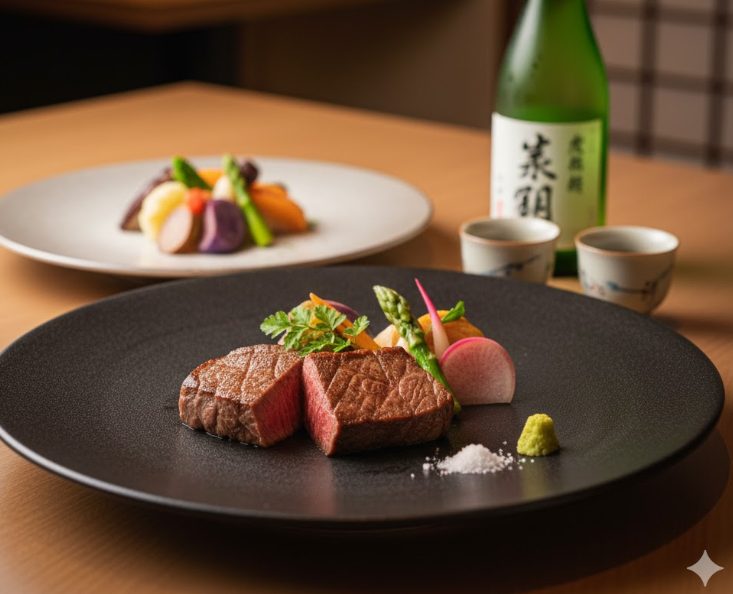 草津温泉の人気和食店で、上州和牛のステーキと季節の野菜を使った会席料理が美しく盛り付けられている。テーブルには日本酒のボトルとグラスが置かれ、上品な雰囲気。