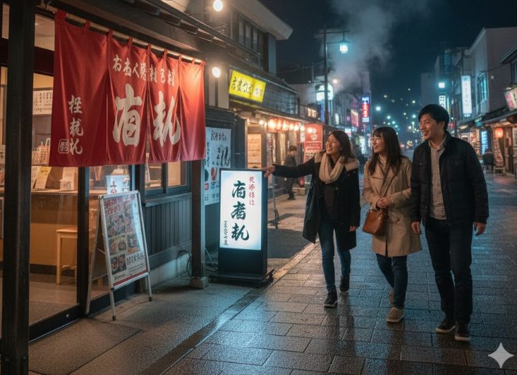 深夜の草津温泉湯畑周辺の居酒屋の入り口。暖簾がかかり、店内から明かりが漏れている。遅い時間にもかかわらず、数人の日本人が入店していく様子。